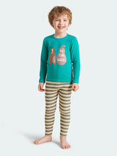 WARM FIT-Boy's 280g/㎡ Brushed Thermal Underwear Set for 5-15℃(Green Bear + Striped Pants)