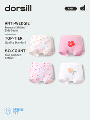 FREE FIT-Girl's Cotton Solid Color Boxer Briefs 4-Pack Underwear(Flower World)