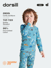 WARM FIT-Boy's 280g/㎡ Brushed Thermal Underwear Set for 5-15℃(Lake Blue Car)