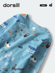 WARM FIT-Boy's 280g/㎡ Brushed Thermal Underwear Set for 5-15℃(Lake Blue Car)