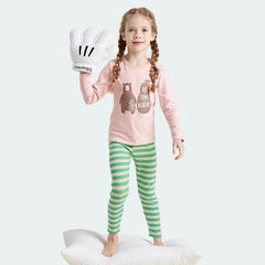 WARM FIT-Girl's 280g/㎡ Brushed Thermal Underwear Set for 5-15℃(Pink Bear + Green Stripes)