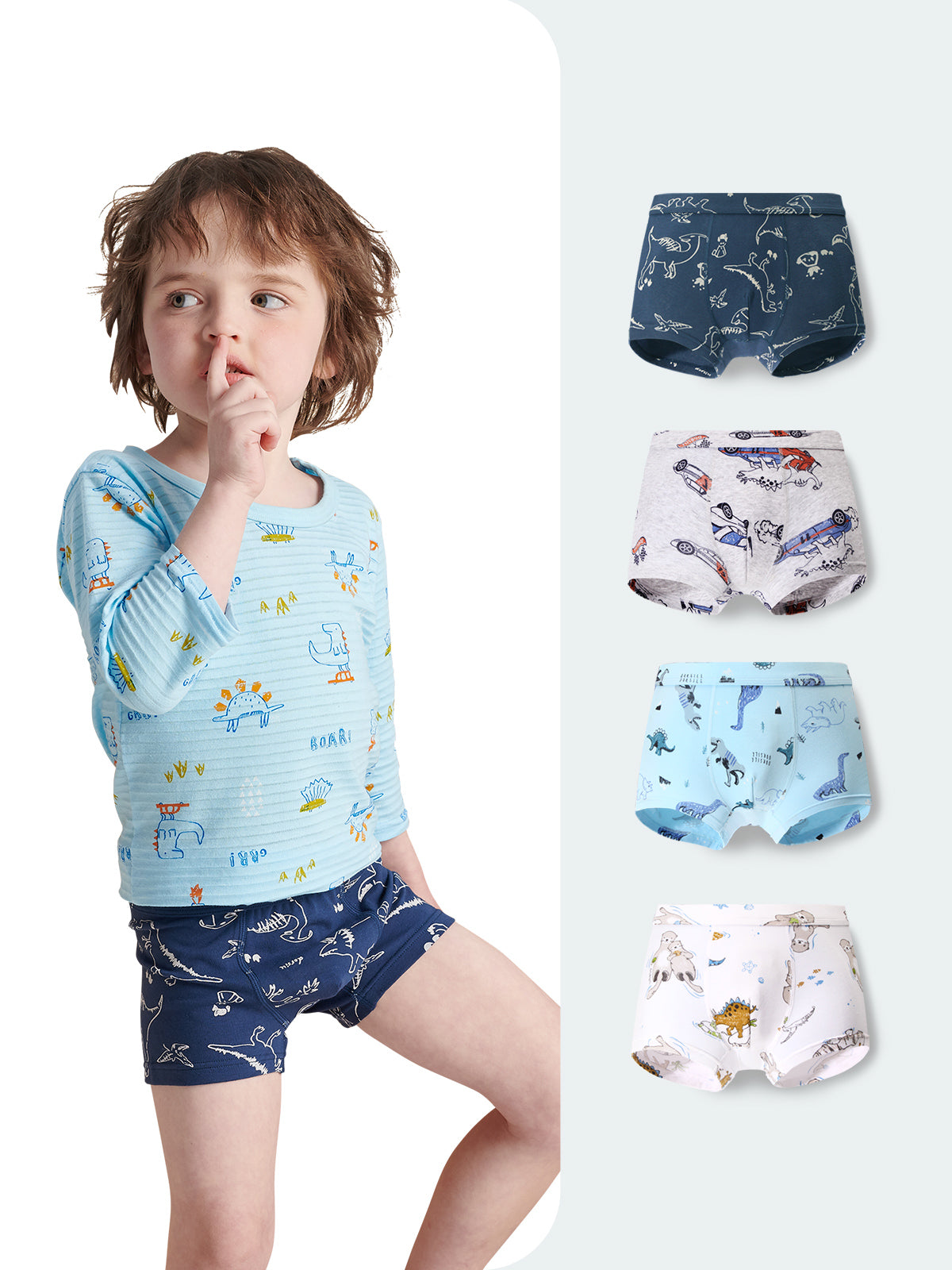 FREE FIT- Kids Boy Cotton Boxer Briefs 4 Packs Underwear(Car Dino)