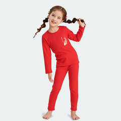 Kids Red  Brushed Pajamas Set for 4-14Y Children 5-15℃